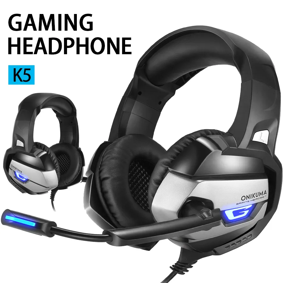 K5 Gaming Earphones Over-Ear Gaming Wired Headphones Surround Stereo Buller Reduction med MIC LED Light för PC Tablet-enhet i Retail Box