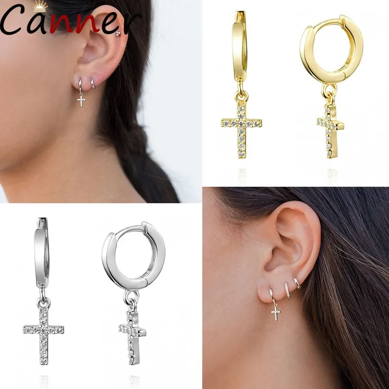 Canner de Moda de Nova S925 Silver Cross orelha brincos de argola para mulheres Círculo Brinco Presentes charme jóias