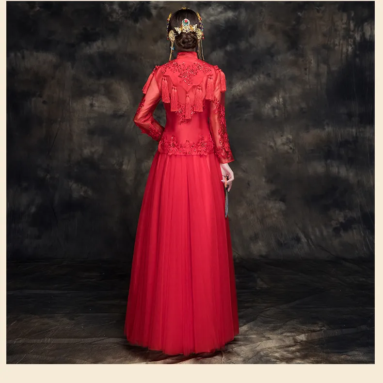 純正売れ筋 19新しい風のエレガントな結婚式の服xiu彼の花嫁の赤いウェディングドレスチャイノーサウスコスチューム女性トースト衣装 安い買蔵 Smpn1banjarmasin Sch Id