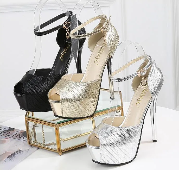 14cm elegante goldene Ultra High Heels Braut Hochzeitsschuhe Silber Schwarz Größe 34 bis 39