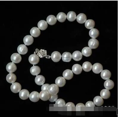 Collana di perle bianche vere d'acqua dolce 9-10mm / Collana con spilla in argento 18''