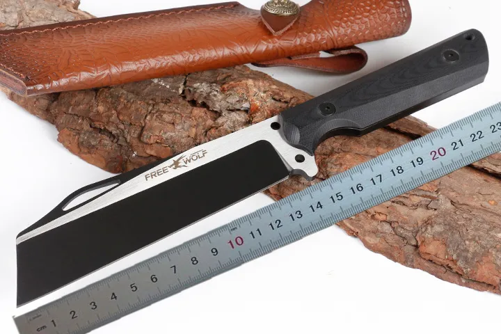 1 st Ny Gratis Wolf Fixed Blade Straight Knife 9CR18 Titan Slutför Tanto Blade CNC Full Tang G10 Handtag med lädermantel