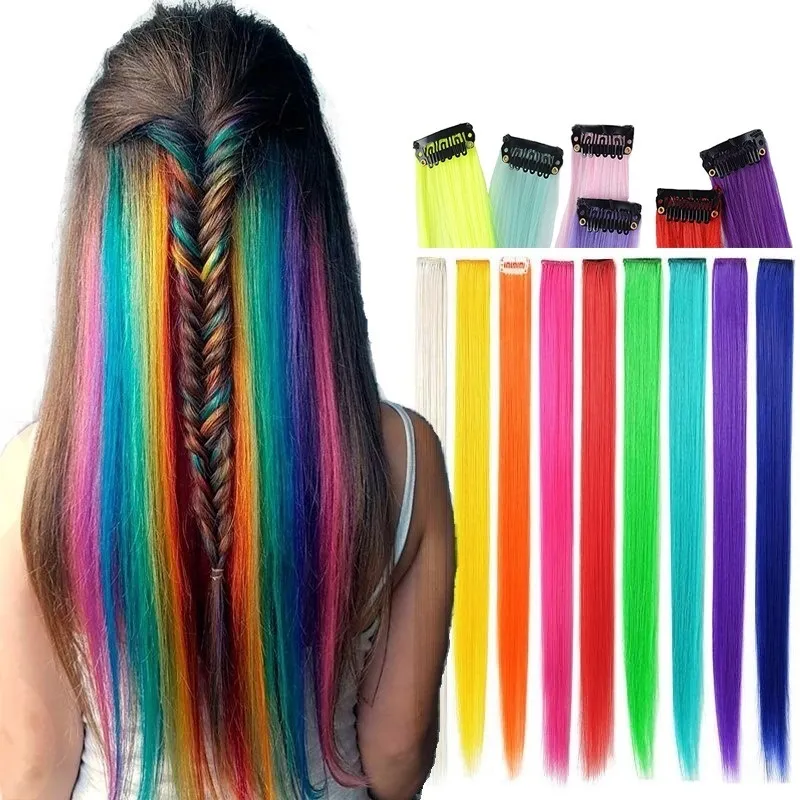 1PC/20" Long Straight Fake Colored Hair Extensions Clip in Highlight Rainbow Hair Streak Pink Synthetic Hair Strands