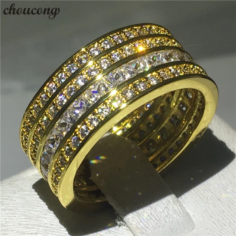 Choucong Anel De Luxo Cheio de Diamante Amarelo Ouro Preenchido 925 de prata Anéis de Noivado de Casamento Banda para as mulheres homens Jóias