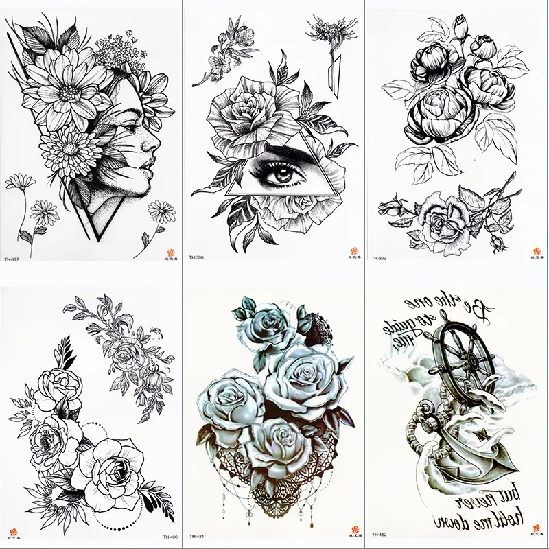 Rose Peony Flower Girls Tillfälliga tatueringar för kvinnor Vattentäta svarta tatueringsklistermärken 3D Blossom Lady Shoulder DIY TATOOS206V