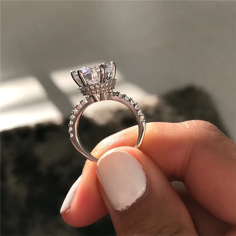 Vecalon Elegant Soignee Promise Ring 925 prata esterlina Corte redondo 3 quilates Diamante Noivado Anéis de aliança de casamento para mulheres Jóias