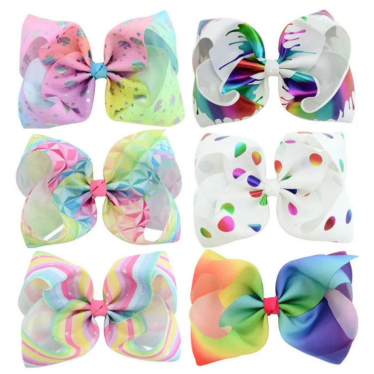 8 tum Jojo Bow Ribbed Ribbon Färgglada Printing Baby Girl Big Bowknot Bobby Pin Kid Hair Tillbehör 5 Design Blandade