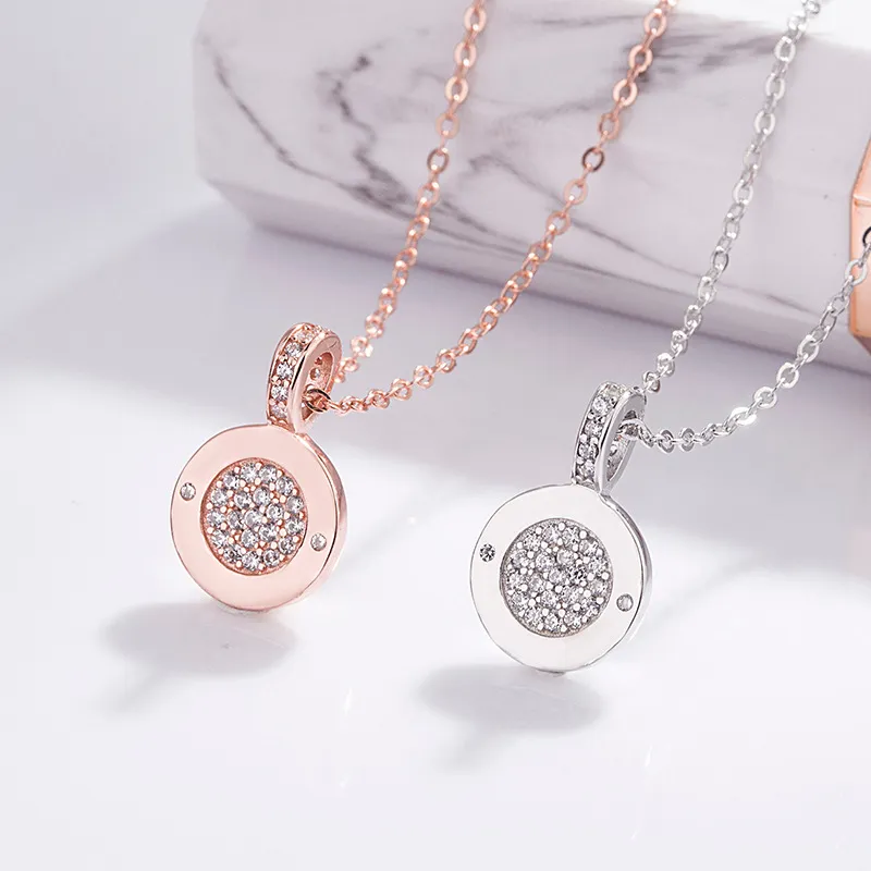 Nzwj Pendant Necklaces Double Sided Round for Women Rose Gold Luxury Rhinestone 925 Sterling Silver Choker Necklace Fashion Girls Party Jew