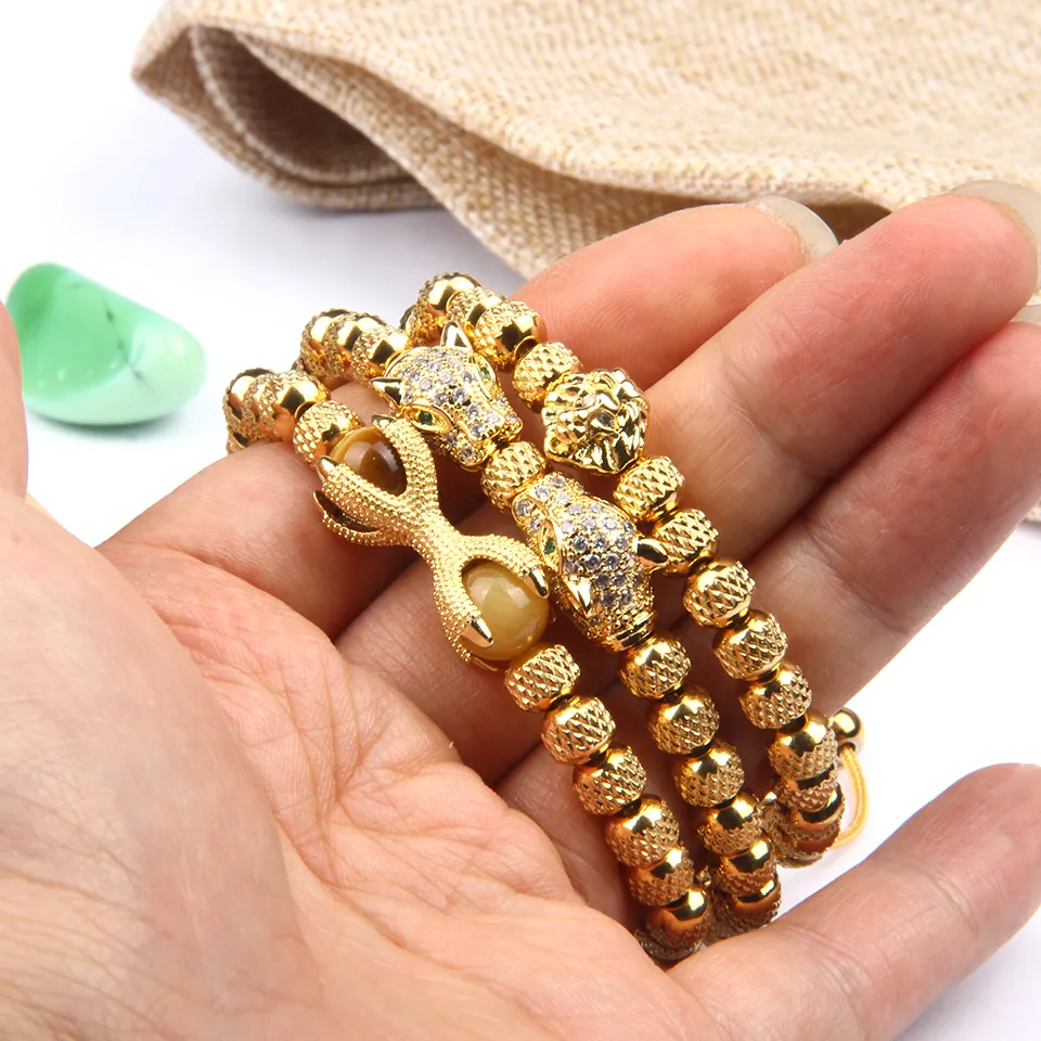 Stainless Steel Mens Gold Bead Bracelet With Mix Designs Panther