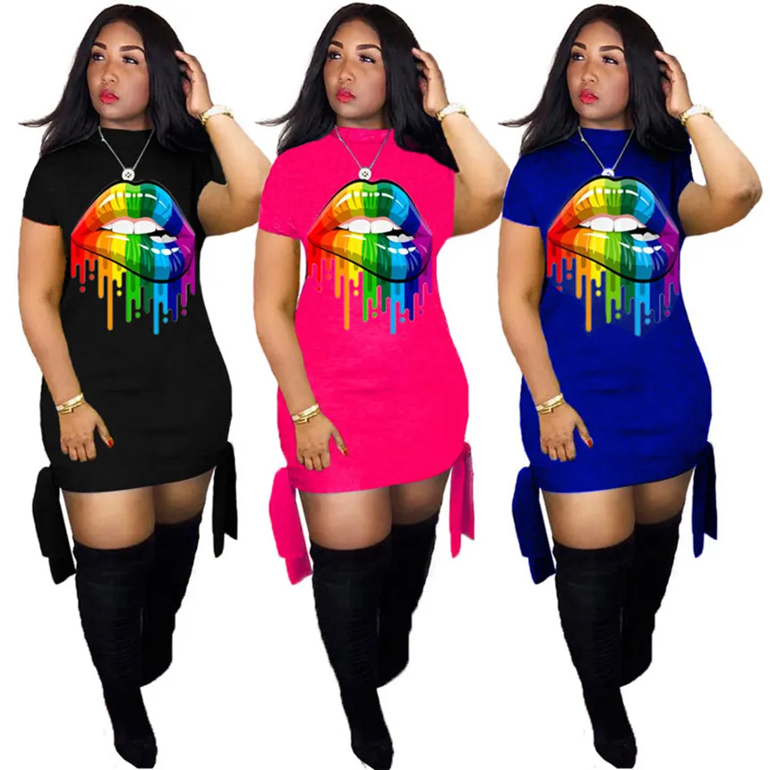 Women lip print dresses plus size long mini skirts short sleeve bodycon dress fashion summer clothing casual bandage slim dress free 2888