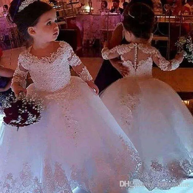 Amazing Cute Lace Flower Girl Dresses Jewel Neck Long Sleeve Tulle Beaded First Communion Dress Girls Pageant Gowns With Covered Button
