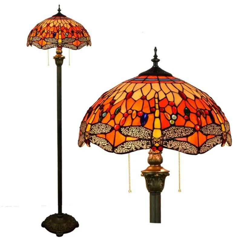 45cm Tiffany Stained Glass Floor Lampa European Art Dragonfly Hotell Vardagsrum Handsvetsad Golvlampa TF016