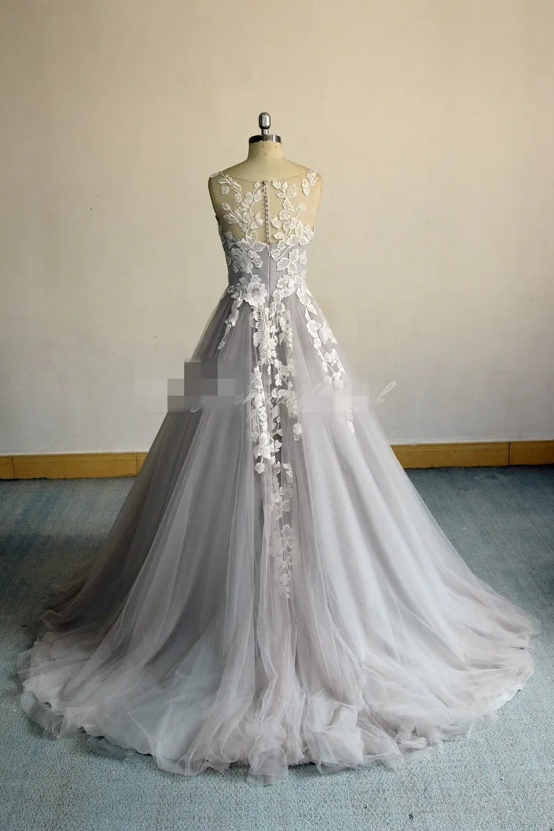 Modern Chic A Line Lace Tulle Gray Wedding Dress In Silver Grey
