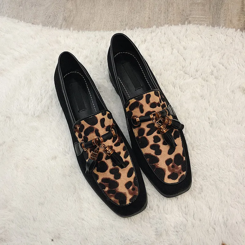 Hot Sale- Fashion Casual Flats Women Square Toe Footwear Leopard Print Tassel Shoes Female Flock Loafers Shoes Woman 2019 New Spring