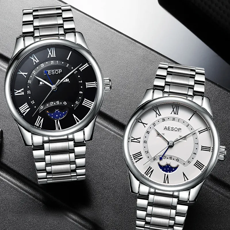 Aesop montre hommes de luxe Phase de lune Quartz montre-bracelet en acier inoxydable mâle horloge hommes étanche Relogio Masculino235v