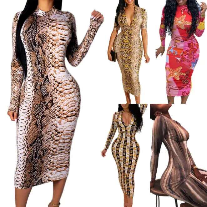 Women s Luxury Snakeskin Print Long Sleeve V Neck Bodycon Dress