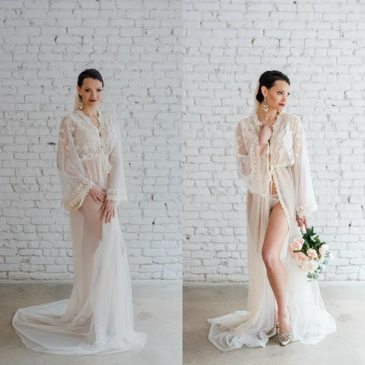 White Sexy Wedding BathRobes Long Sleeve Chiffon Lace Appliqued Women Lingerie Nightgown Floor-length Pajamas Sleepwear Bridal Robe