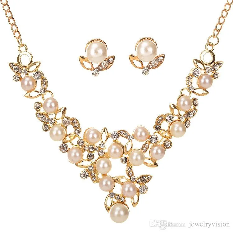 S101 Set di gioielli casual per feste New Europe, collana a catena con clavicola, perle finte, strass, con orecchini