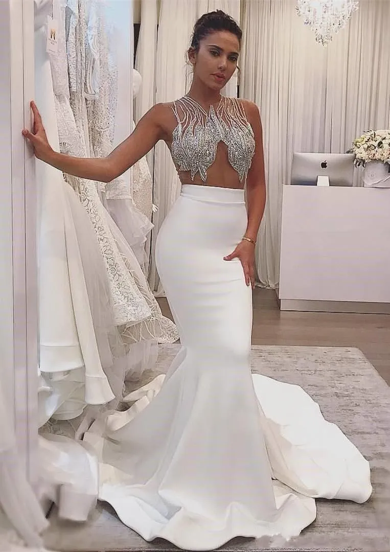 Mermaid Prom Dress Illusion Neck Crystal Beading Backless White Satin Evening  Gown with Sweep Train from Dhgate Prom Dresses - price 281.95