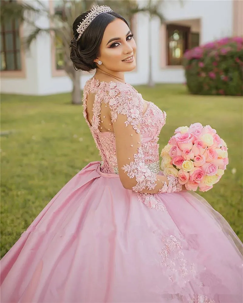 2020 Elegant Pink Tulle Satin Ball Gown With Pink Crystals