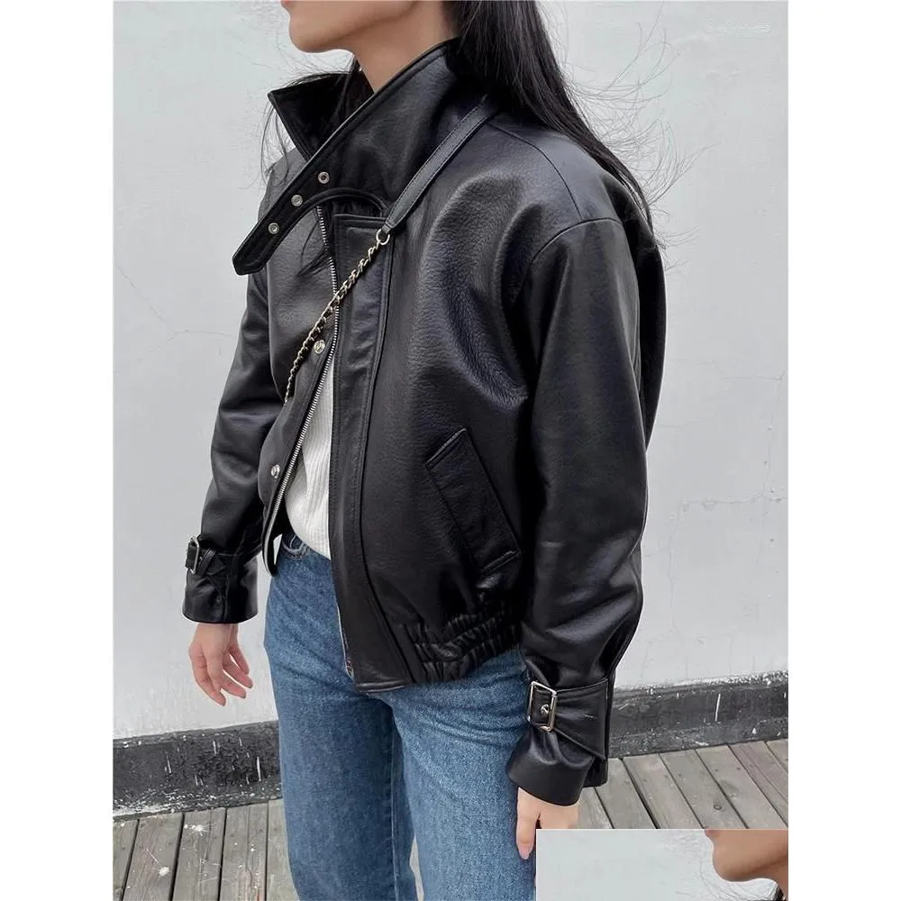 DHgate.com:Black Leather Bomber Jacket for Women - Cropped 
