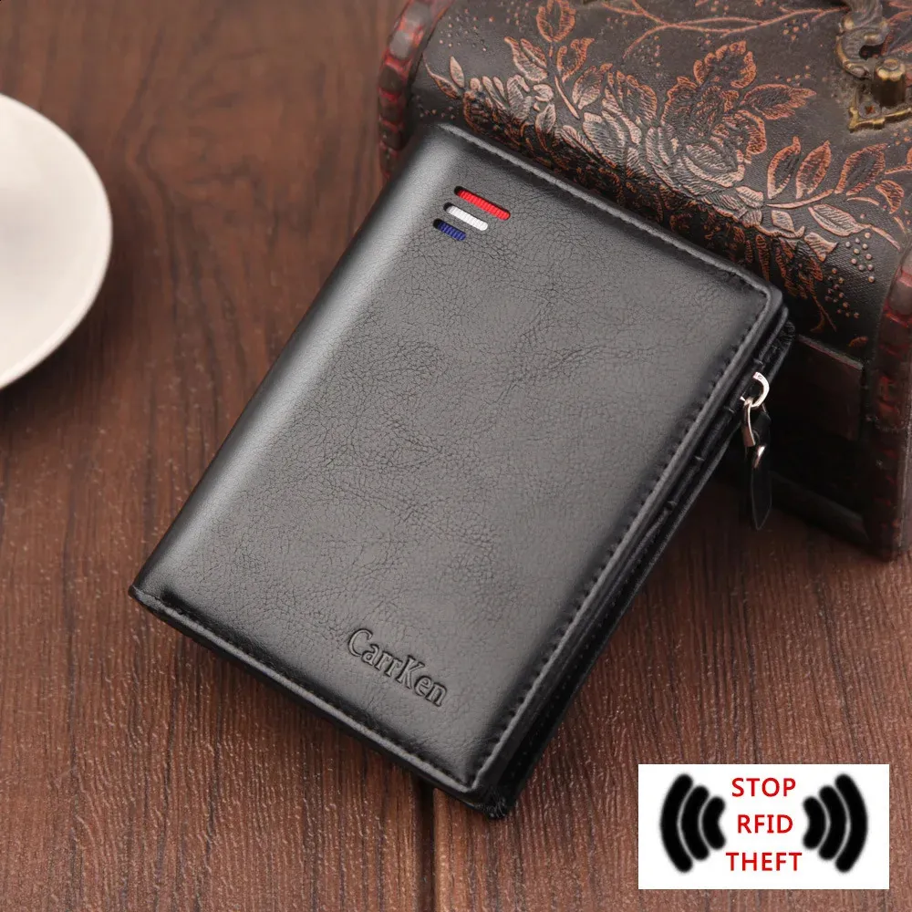Mens leather credit card wallet slim mini zipper closure polyester ...