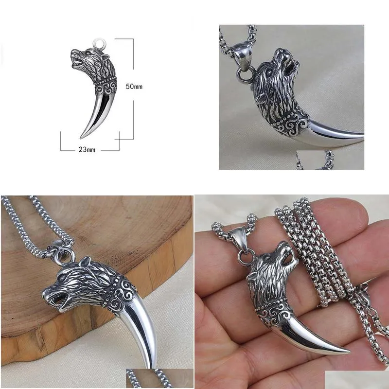 Pendant Necklaces Ancient Sier Head Wolf Tooth Pendant Necklaces Stainless Steel Chain Necklace Women Men Hiphop Fashion Fine Jewelry Dhciw