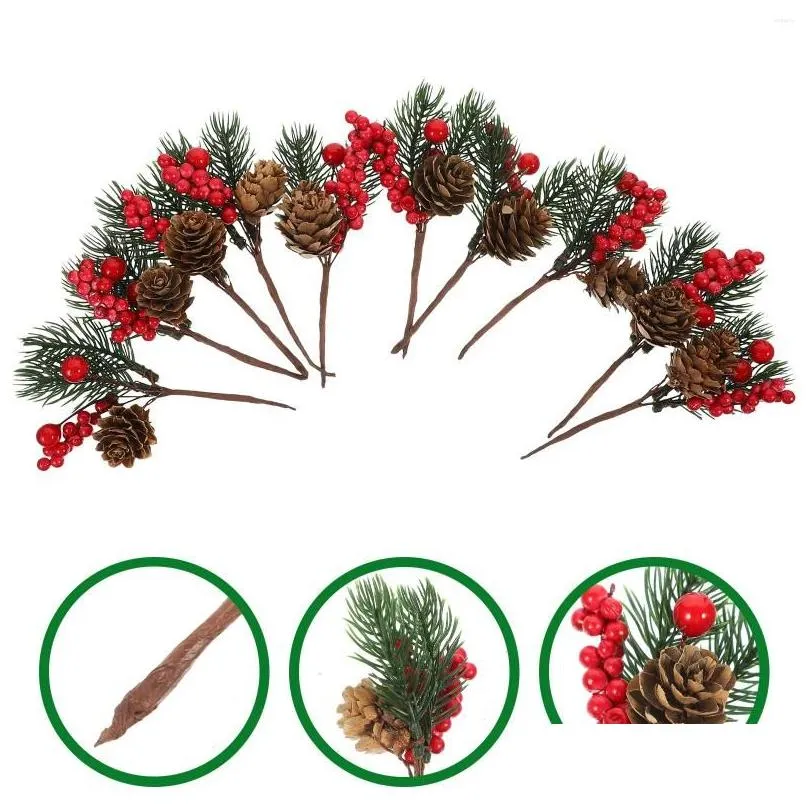 Decorative Flowers 10 Pcs Artificial Pine Cone Flower Pick Red Berry Branches Xmas Tree Decorations Christmas Fall Gift Wood Autumn
