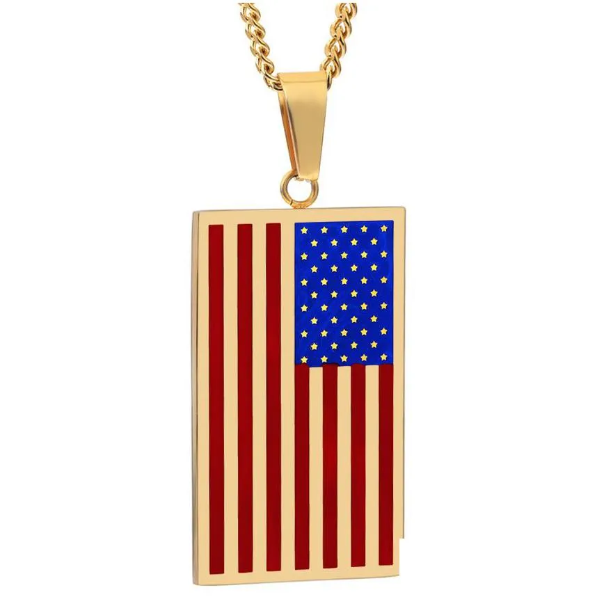 Pendant Necklaces Stainelss Steel American National Flag Pendant Necklace Gold Chains Square Tag Necklaces For Women Men Hip Hop Fashi Dh0R9