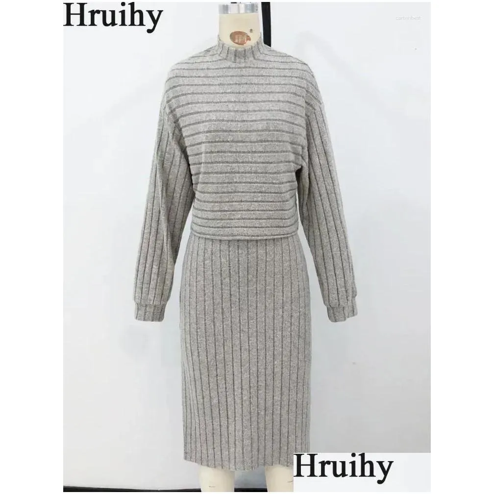 work dresses 2023 autumn winter knitted womens set elegant chic buttock skirt o neck fashion sweater two 2 piece warm elastic dress