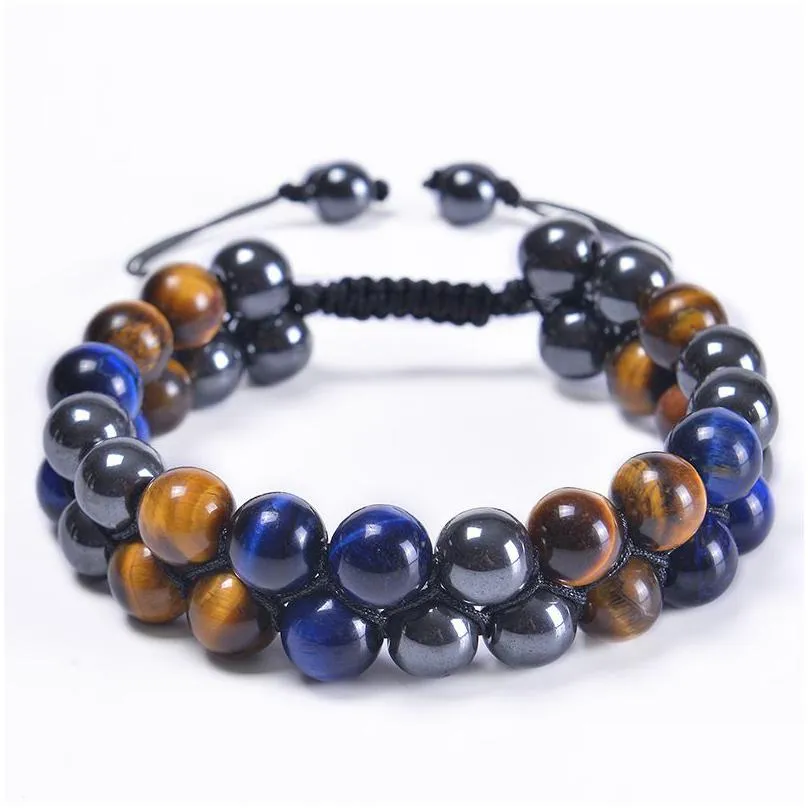  10mm blue tiger eye stone bracelet double layer beaded braided adjustable hematite magnet bracelet for men