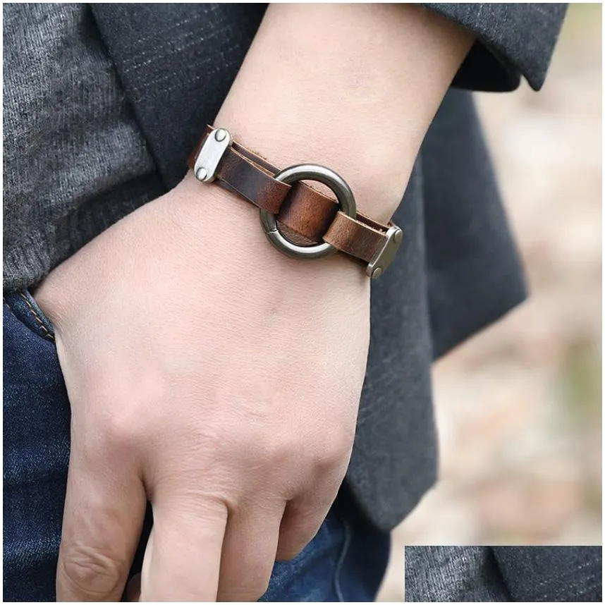 Bangle O Ring Charm Leather Bangle Cuff Button Adjustable Bracelet Wristand For Men Women Fashion Jewelry Drop Delivery Jewelry Brace Dhz8R