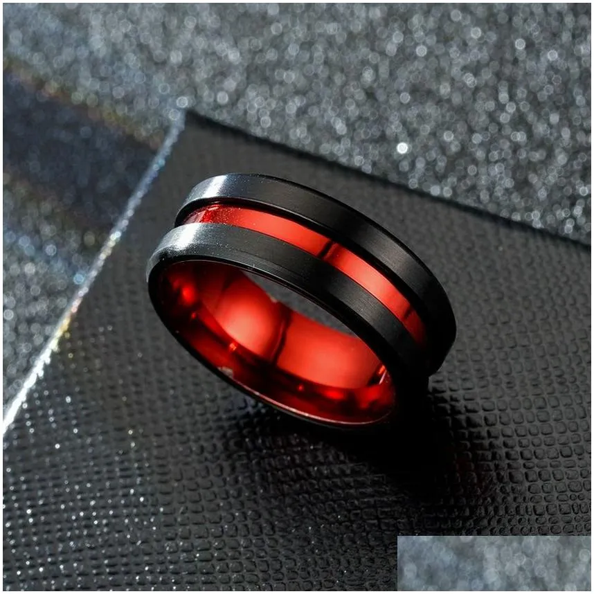 Band Rings Black Red Contrast Color Groove Ring Band Finger Stainless Steel Rings For Women Men Fashion Jewelry Will And Drop Deliver Dhlvt