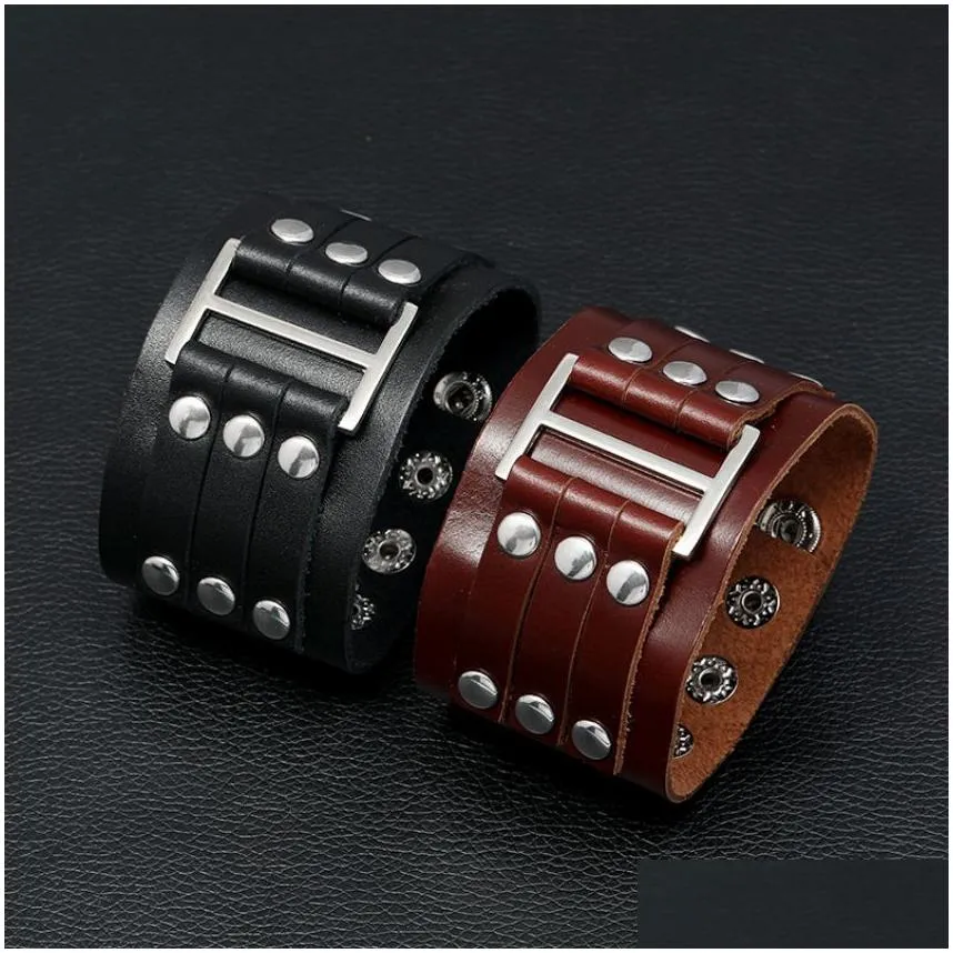 Bangle Wide Rivet Leather Bangle Cuff Mtilayer Wrap Button Adjustable Bracelet Wristand For Men Women Fashion Jewelry Drop Delivery J Dhlu8