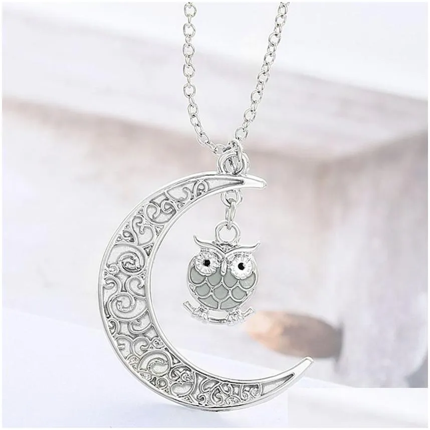 Pendant Necklaces Cartoon Mticolor Luminous Owl Necklace Pendant Moon Glowing In The Dark Animal Charm Necklaces Fashion Jewlery For W Dhzl6