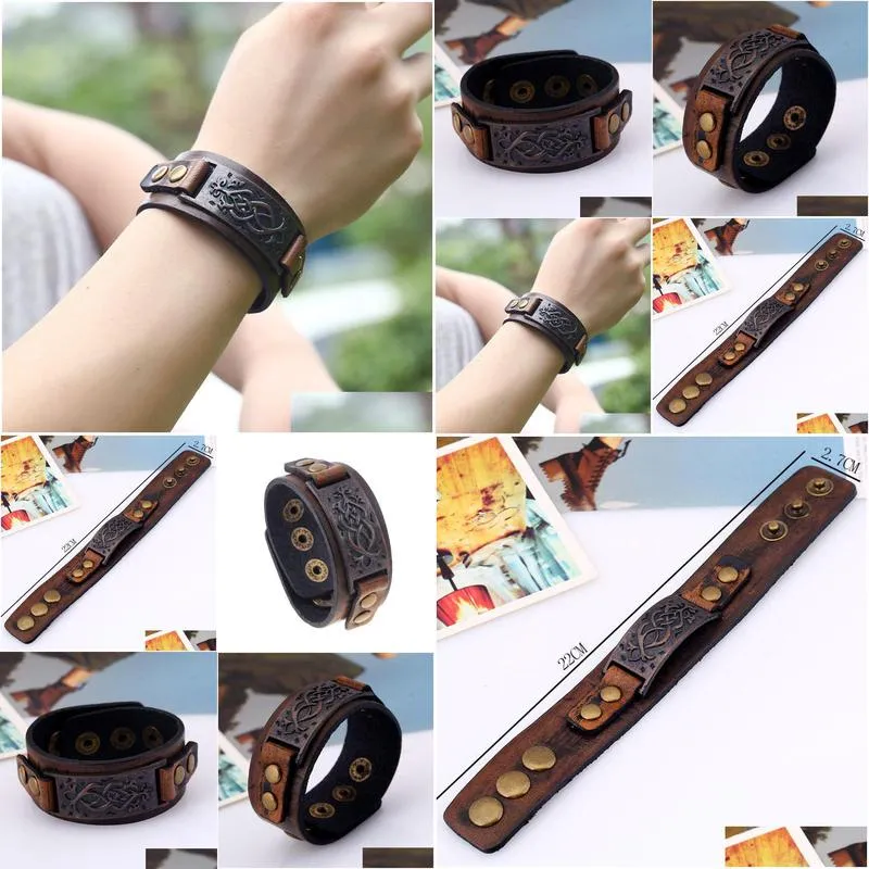 retro metal floral branch bar id leather bangle cuff button adjustable bracelet wristand for men women fashion jewelry