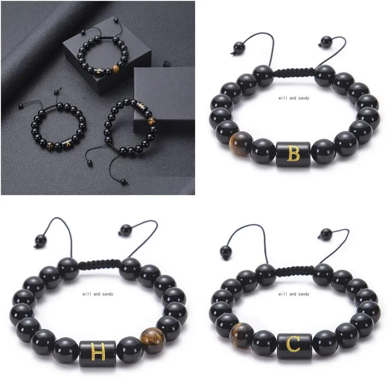 a-z english initial natural stone bracelet woven adjustable tiger eye black agate beads bracelets letter bead bracelets bangle cuff for women men fashion