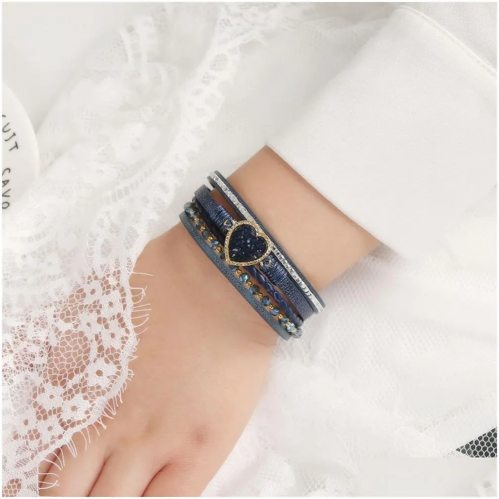 Chain Women Alloy Crystal Heart Hand Woven Leather Bracelet With Magnet Buckle Wholesale Mtilayer Bracelets For Lady Drop Delivery Je Dhpod