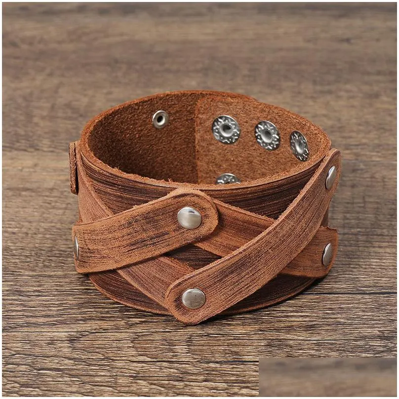 cross bangle cuff wide leather button adjustable bracelet wristand for men women fashion jewelry