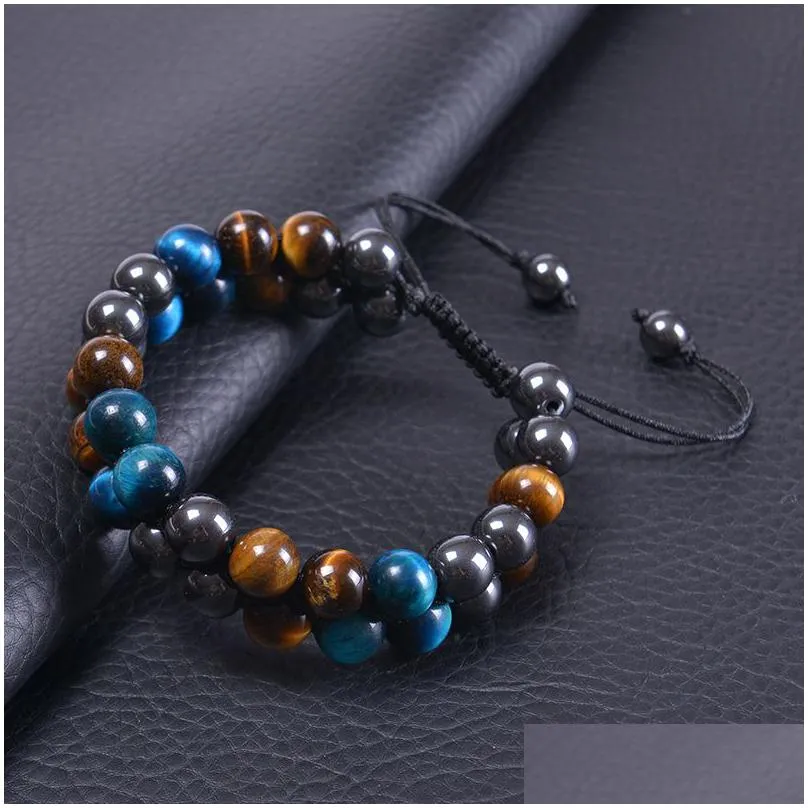  10mm blue tiger eye stone bracelet double layer beaded braided adjustable hematite magnet bracelet for men