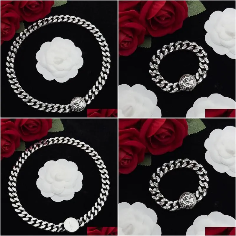 Luxury Brand Cuban Chain Charm Bracelets Necklaces Silver Retro Vintage Head Designer  Link Bangle Bracelet Necklace Jewelry for Men