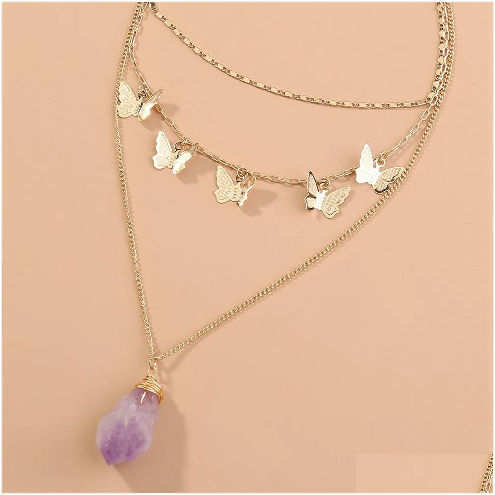 Pendant Necklaces Gold Natural Stone Butterfly Choker Necklace Collar Chains Mti Layer Wrap Women Fashion Jewelry Will And Sandy Gift Dhj2A