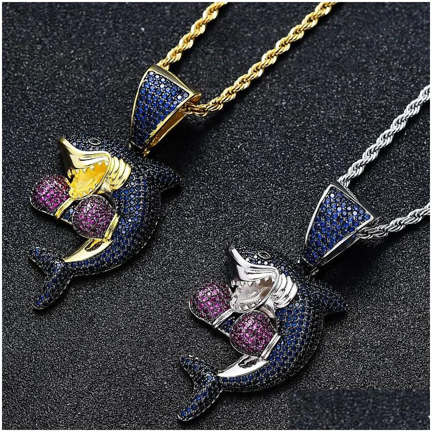 Pendant Necklaces Sport Boxing Shark Necklace Bling Jewelry Set 18K Gold Diamond Cubic Zirconia Animal Pendant Hip Hop Necklaces For W Dhbjy
