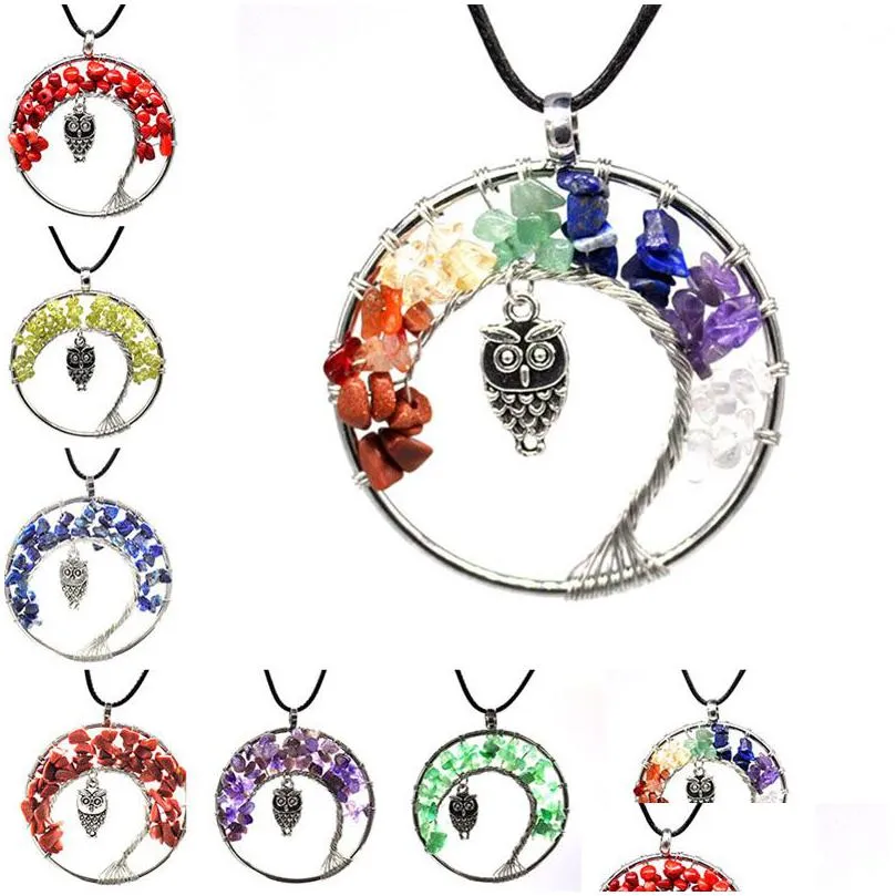 Pendant Necklaces Update Fashion Women Rainbow 7 Chakra Tree Of Life Pendant Necklace Quartz Owl Mticolor Natural Stone Wisdom Necklac Dhorq
