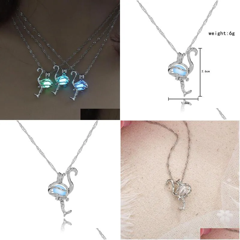 Pendant Necklaces Luminous Bead Flamingos Pendant Necklace Can Open The Hollow Locket Halloween Necklaces For Women Jewelry Will And S Dhcug