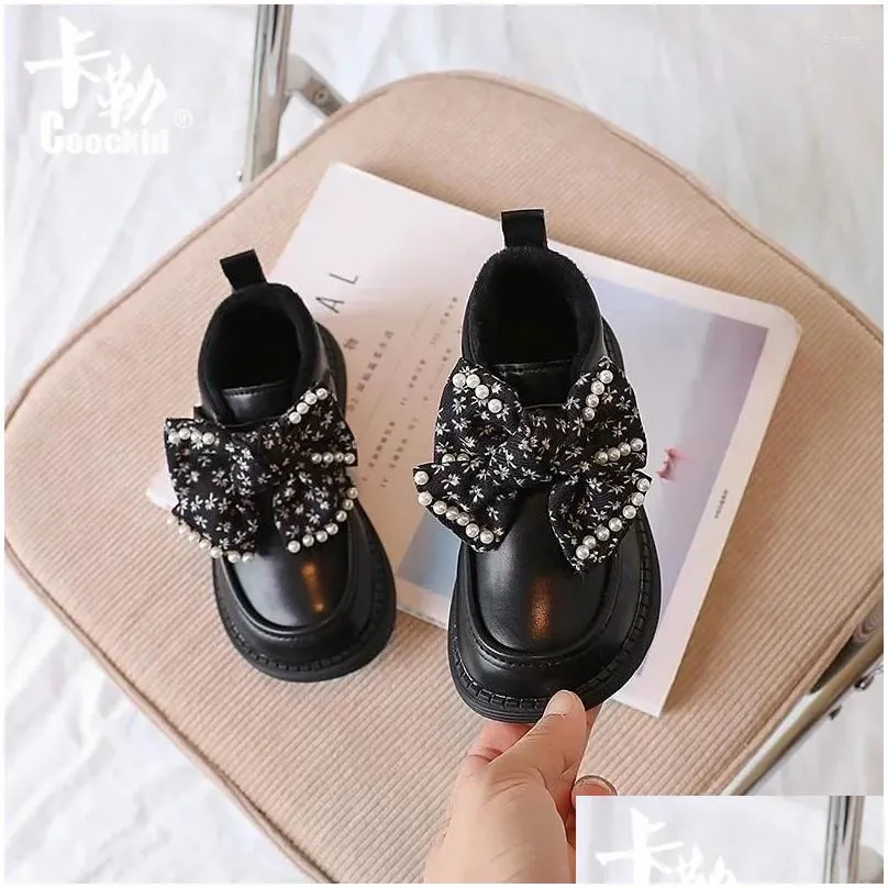 Boots Children Girls Leather Shoes Floral Bow Non-slip 2024 Spring And Autumn Hook & Loop Sweet Princess Casual Loafers Kids PU