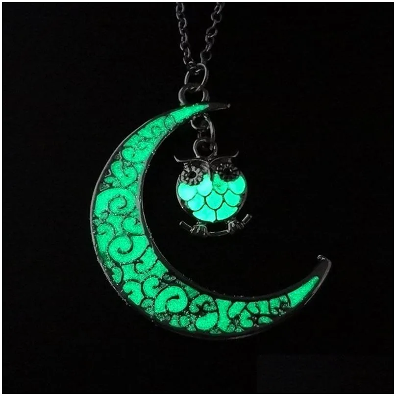 Pendant Necklaces Cartoon Mticolor Luminous Owl Necklace Pendant Moon Glowing In The Dark Animal Charm Necklaces Fashion Jewlery For W Dhzl6