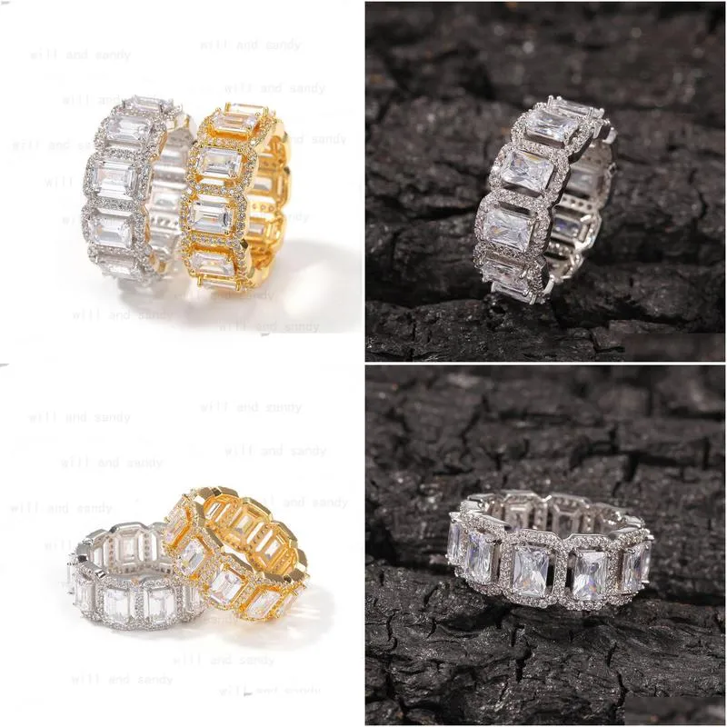 Cluster Rings Gold Fl Iced Out Ring Band Bling Cubic Zirconia Diamond Rings For Women Men Hiphop Fashion Fine Jewelry Gift Drop Deliv Dhsze