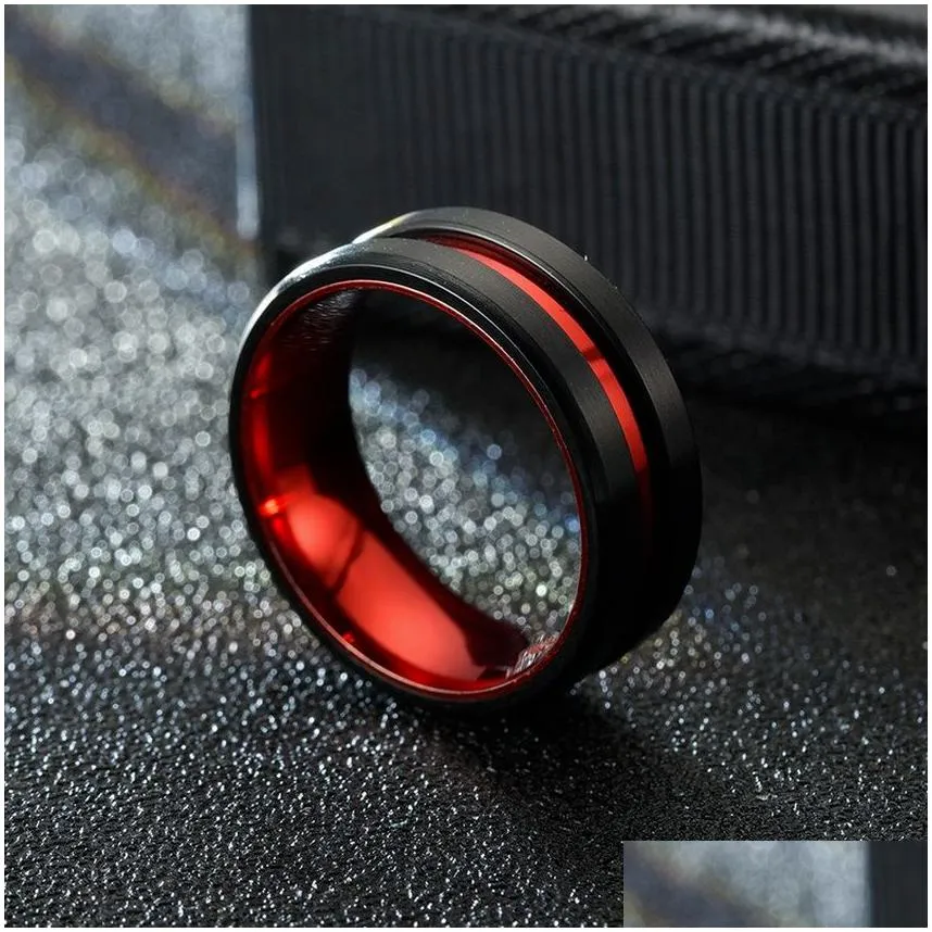 Band Rings Black Red Contrast Color Groove Ring Band Finger Stainless Steel Rings For Women Men Fashion Jewelry Will And Drop Deliver Dhlvt