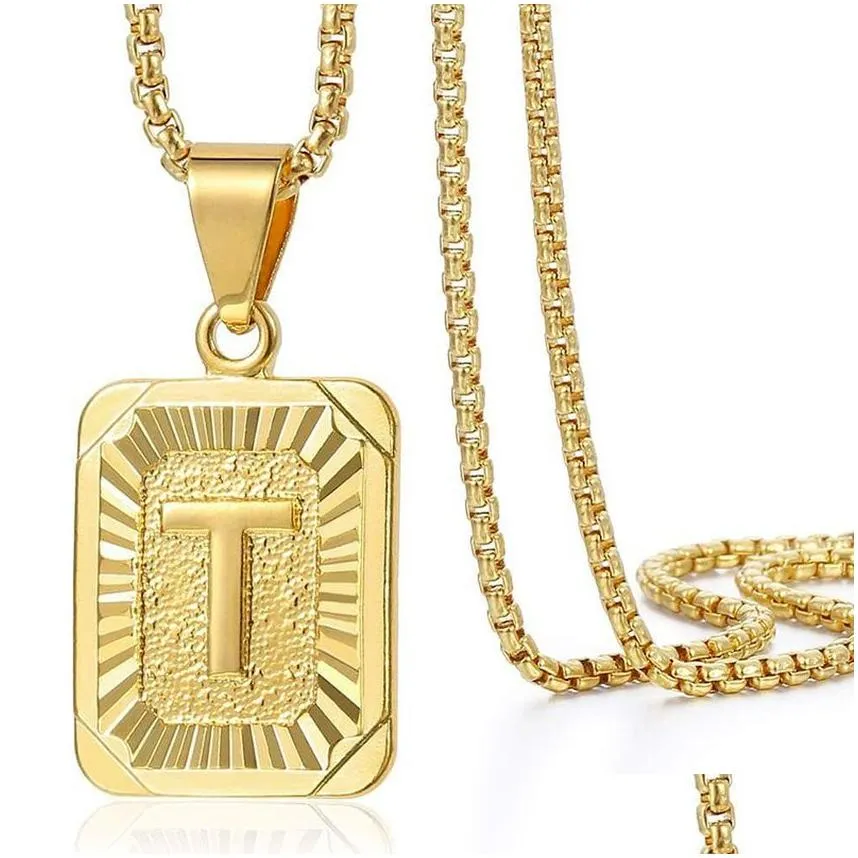 Pendant Necklaces 26 Lettes English Initial Necklace Square Capital Letter Pendant Necklaces With Gold Chain Wome Men Fashion Jewelry Dhx72